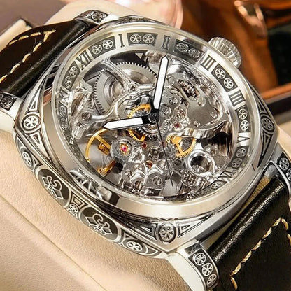 A MEN'S Black Zinc Alloy Business Style Luminous Carved Fully Automatic Tourbillon Hollow Mechanical Watch
