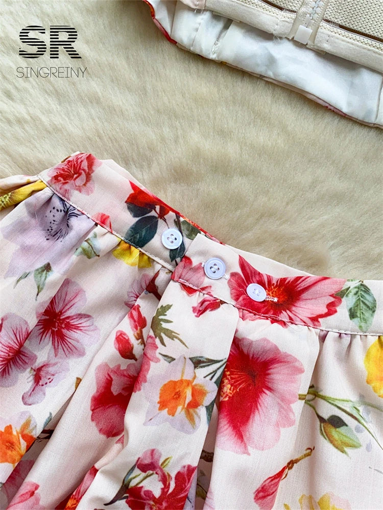 SINGREINY Summer Beach Floral Suits Strapless Sensual Bustier Tank Top+Mini Bud Skirt French Style Women Slim Hotsweet 2Pcs Sets