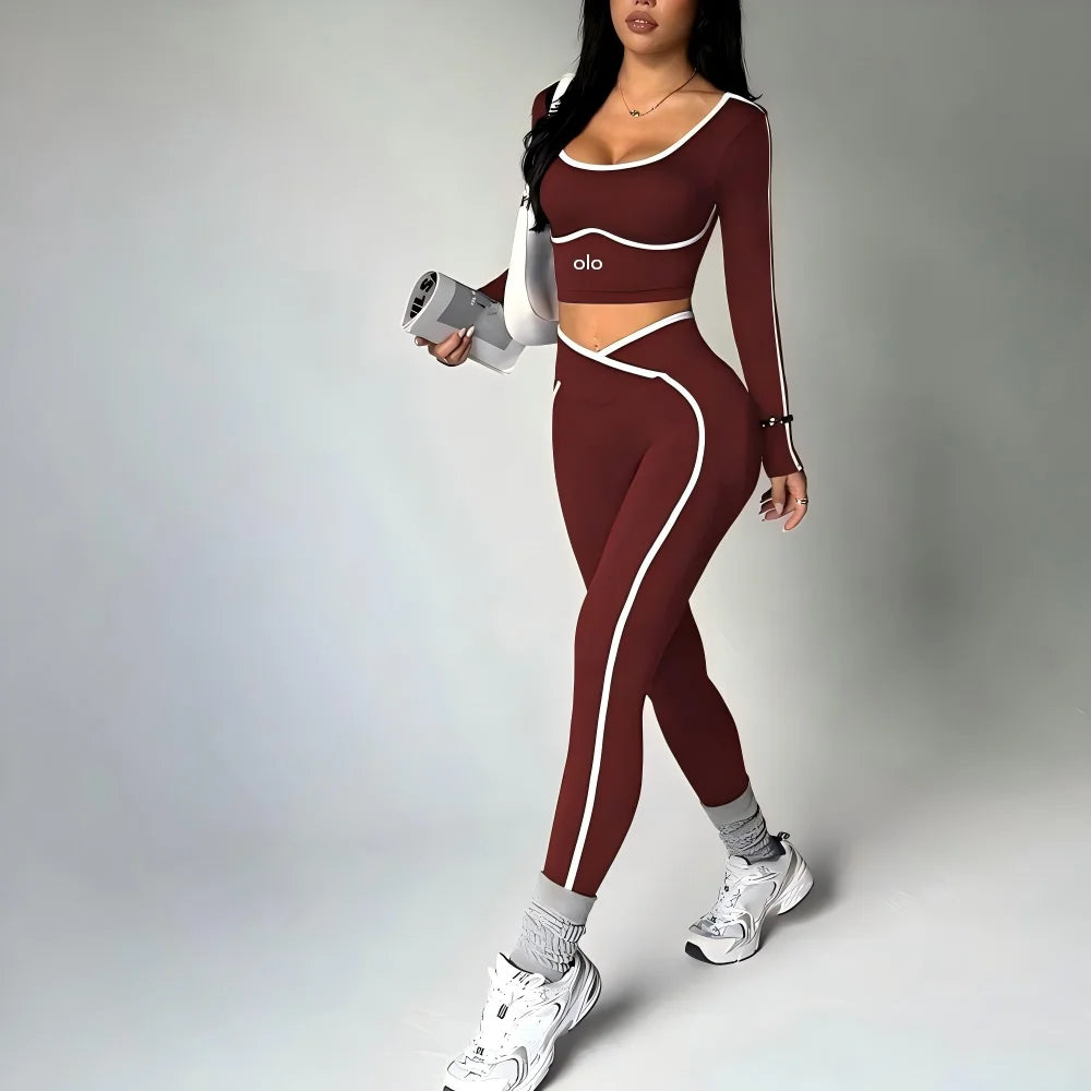 2026 Popular Color Blocking Yoga Set, Tight Yoga Long Sleeved Pants V Waist and Hip Lifting Tight Yoga Pants Luxury Set