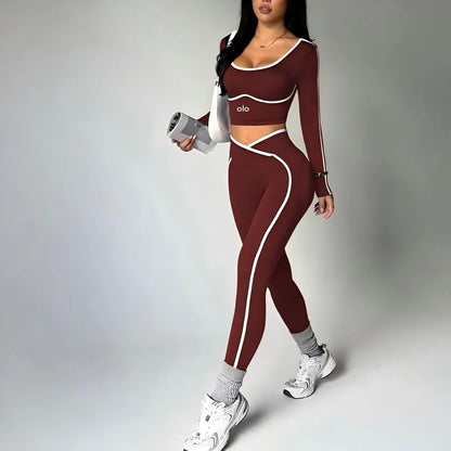 2026 Popular Color Blocking Yoga Set, Tight Yoga Long Sleeved Pants V Waist and Hip Lifting Tight Yoga Pants Luxury Set