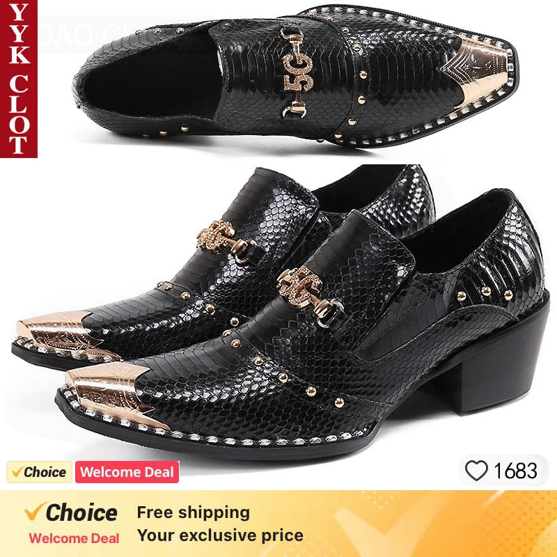 2024 Western Fashion Pointed Metal Toe Dress Shoes Blue Grey Party Wedding Leather Shoes for Men