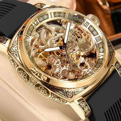 A MEN'S Black Zinc Alloy Business Style Luminous Carved Fully Automatic Tourbillon Hollow Mechanical Watch