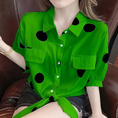 Small Fresh Polka Dot Shirt for Women Summer 2024 New Korean Version Loose Short-Sleeved Top with Lace-Up Chiffon Shirt for Wome