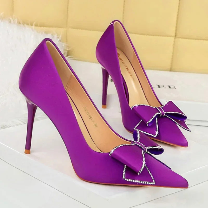 BIGTREE Fashion Korean Version 10cm High Heels Pumps Silk Shallow Pointed Toe Crystal Butterfly BowKnots Lady Red Purple Shoes