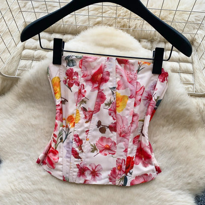 SINGREINY Summer Beach Floral Suits Strapless Sensual Bustier Tank Top+Mini Bud Skirt French Style Women Slim Hotsweet 2Pcs Sets