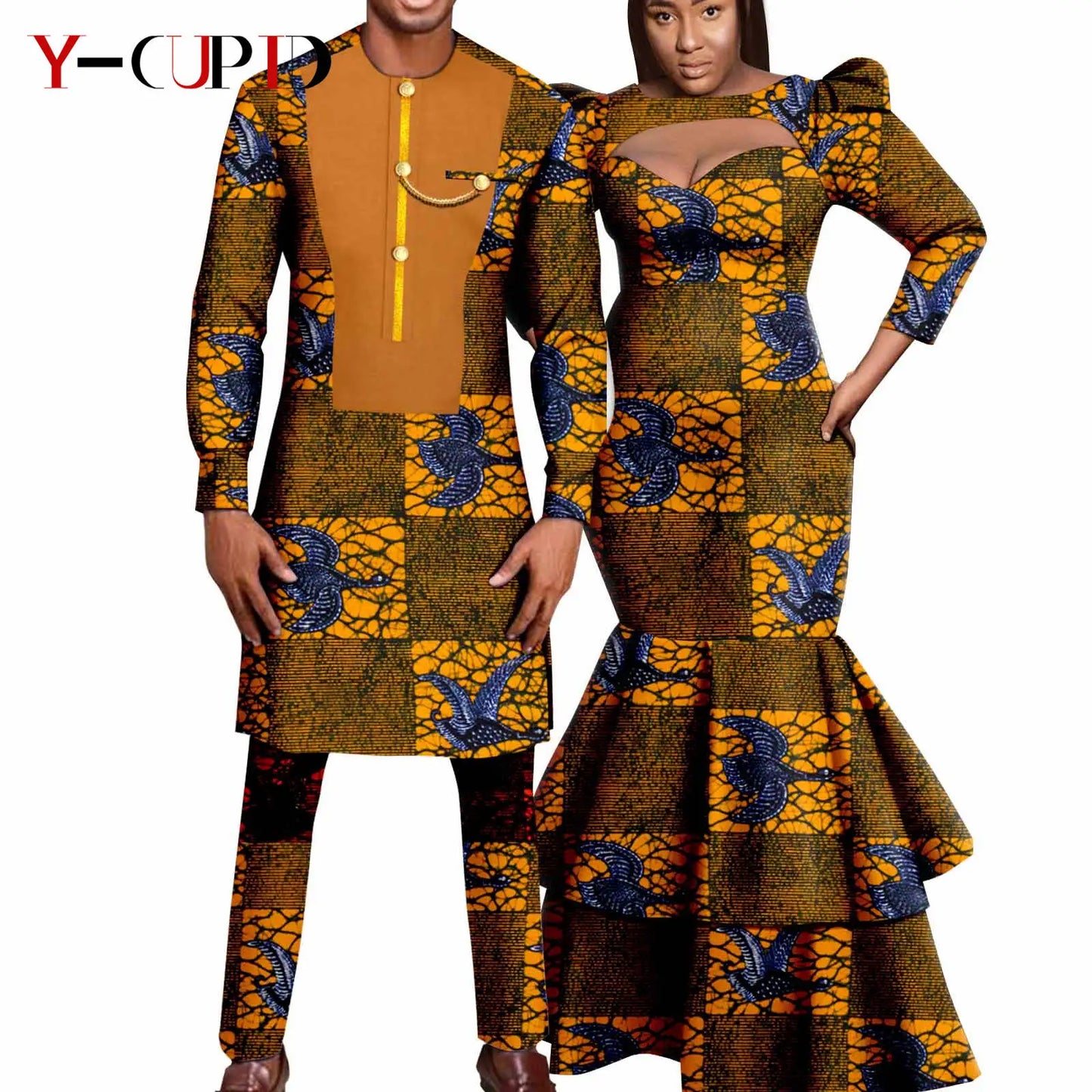 African Print Long Dresses for Women Matching Men Outfit Dashiki Top and Pant Sets Couples Clothes Kaftan Party Outwear Y23C054