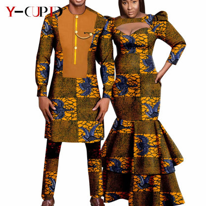 African Print Long Dresses for Women Matching Men Outfit Dashiki Top and Pant Sets Couples Clothes Kaftan Party Outwear Y23C054