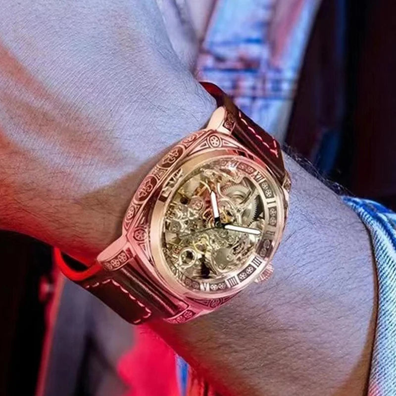A MEN'S Black Zinc Alloy Business Style Luminous Carved Fully Automatic Tourbillon Hollow Mechanical Watch