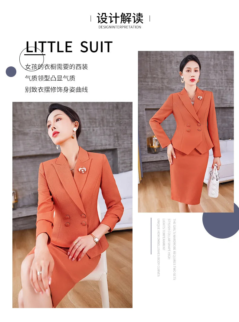 New Arrival Elegant Ladies Formal Skirt Suit Women Orange Blue Pink Long Sleeve Female Blazer Set for Business Work Wear