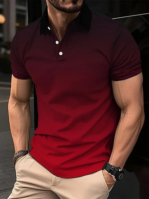 Men's fashion gradient color shirt polo lapel golf shirt short-sleeved printed button clothing, fashionable design, casual and b