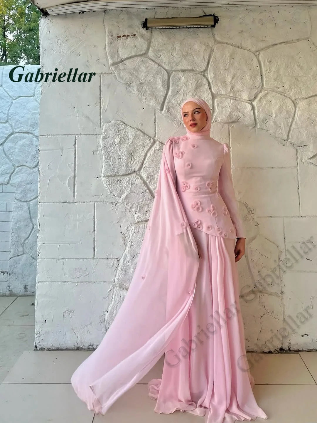 Gabriellar Trendy 3D Appliques Celebrity Dress Kuwait Full Sleeves High Neck Chiffon Formal Party Maxi Gown for Women Customized
