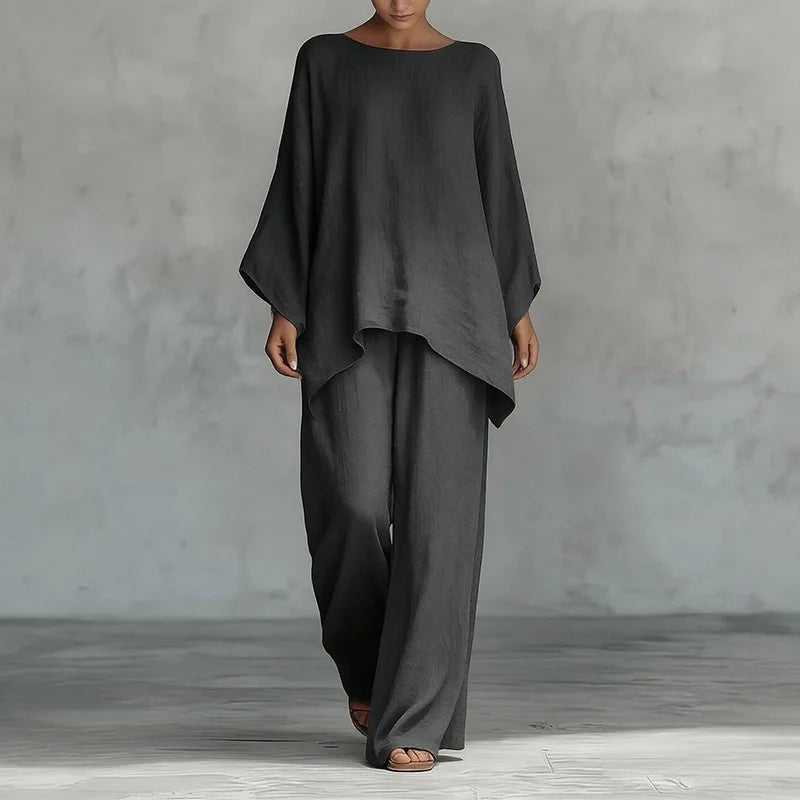 Spring New Fashion Linen Loose Long-sleeved Wide-leg Trousers 2-piece Set Women Casual Retro Elegant Female Simple Suit