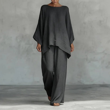 Spring New Fashion Linen Loose Long-sleeved Wide-leg Trousers 2-piece Set Women Casual Retro Elegant Female Simple Suit