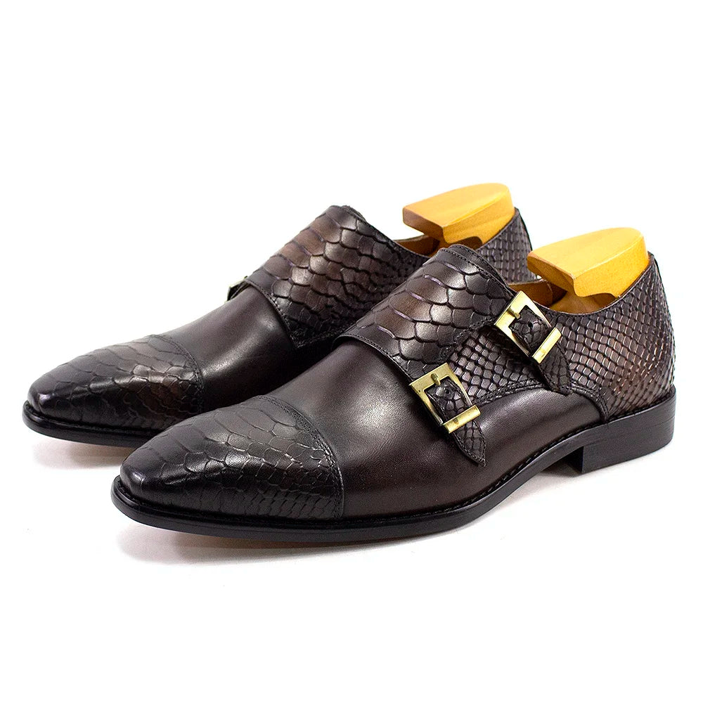 Luxury Double Buckle Monk Strap Men's Dress Shoes Genuine Leather Classic Crocodile Pattern Formal Business Office Footwear