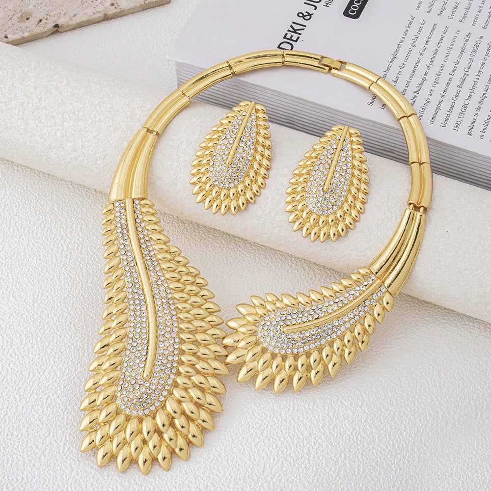 Trendy Colorful Jewelry Set for Women Zircon Collor Earrings and Necklace Large Gold Plated Bracelet Ring New Style Jewelry Gift