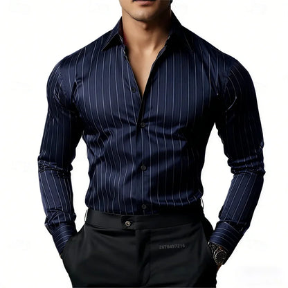 Men's Striped Long-Sleeved Shirt, Business Casual, Versatile, with Lapel Collar and Button Design, Available in 19 Colors.