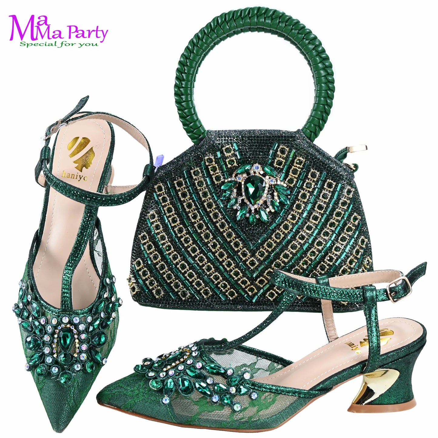 Gold Color New Arrivals Italian Design Nigerian Women Shoes and Bag Set Pointed Toe Slipper with Shinning Crystal for Party