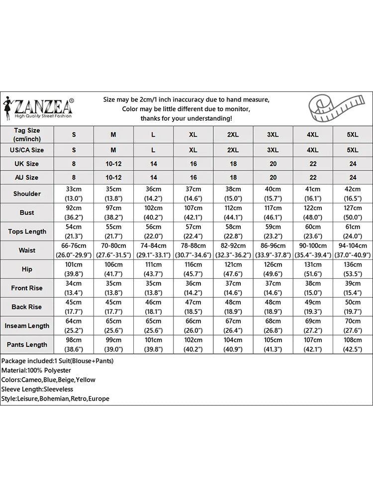 Fashion 2PCS Summer Outfits ZANZEA Sleeveless Embroidery Blouse Pant Sets Women Work OL Matching Sets Casual Holiday Tracksuits