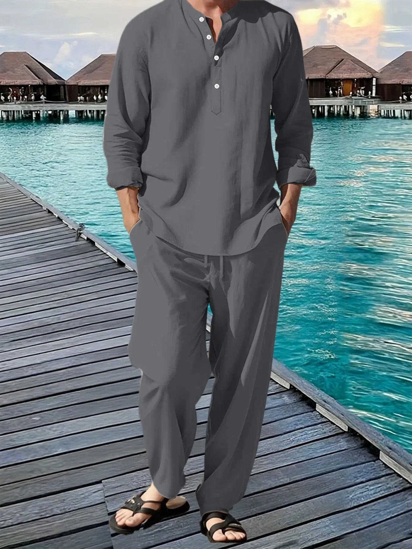 New Long Sleeve Henley Shirt Pants Suit Men Lightweight Breathable Streetwear Solid Color Business Button Polo Shirts Long Pants