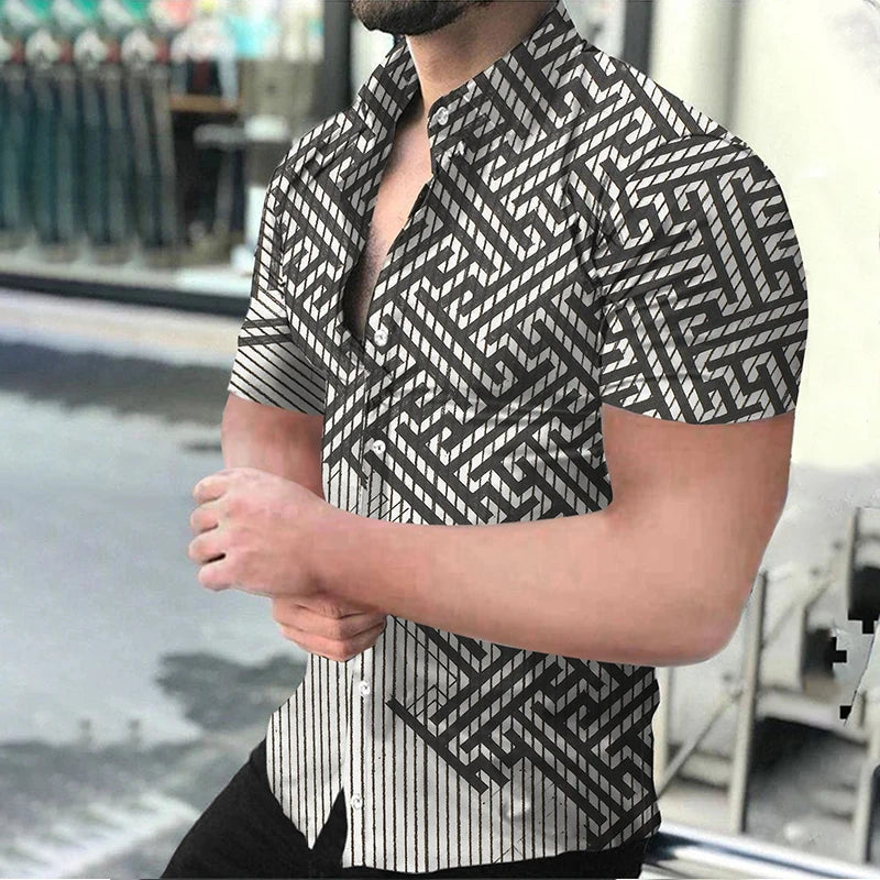 Summer Fashion Men's Casual Oversized Shirts Turn-down Collar Buttoned Shirt Stripe Print Short Sleeve Tops Party Mens Clothing