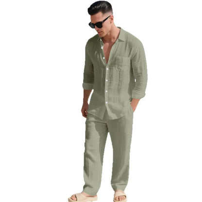 The 2026 Summer Men's linen short-sleeved shirt set is a two-piece long pants set suitable fordaily casual beach vacations 2Pcs