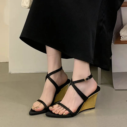 Wedges Sandals High Heels Shoes For Women New In Summer Spring Ankle Strap Luxury Thick Soled Shoes Party Ladies Heeled Sandals