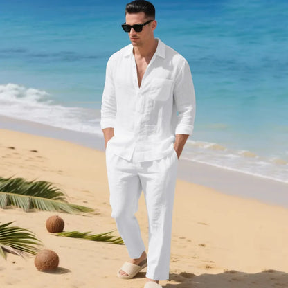 The 2026 Summer Men's linen short-sleeved shirt set is a two-piece long pants set suitable fordaily casual beach vacations 2Pcs