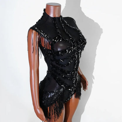 Sexy Mesh Sheer Black Rhinestone Tassel Bodysuit Women Singer Dancer Stage Show Outfit Nightclub Leotard Party Performance Wear