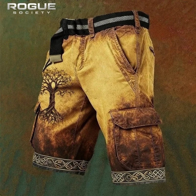 Norse Raven Printed Cargo Shorts Men Y2K Gothic Viking Embroidery Tree Graphic Harajuku Streetwear Loose Washed Summer Bottoms