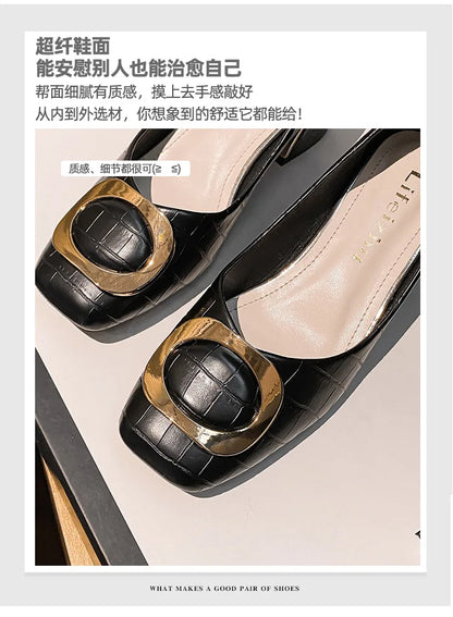 Plus Size 42 43 Women Pumps Med Heel Square Toe Pumps Office Lady Imitation Crocodile Leahter Shoes Big Gold Metal Chain Slip On
