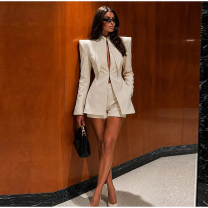 Elegant Blazer Women's Top Shorts Suit Long Sleeve Stand Collar Solid Top Short Pants 2026 Summer Autumn Chic Female Outfits