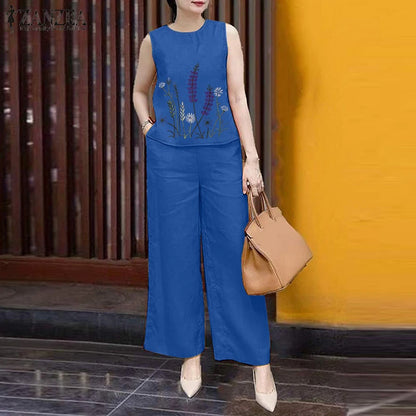 Fashion 2PCS Summer Outfits ZANZEA Sleeveless Embroidery Blouse Pant Sets Women Work OL Matching Sets Casual Holiday Tracksuits