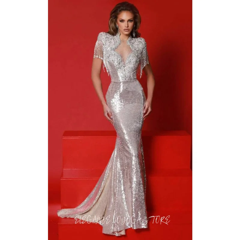 EVS Silver Cap Sleeve Women's Formal Evening Gowns Tassels Sequin Sparkly Bead Mermaid Elegant Luxury Party Dress Customized