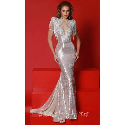 EVS Silver Cap Sleeve Women's Formal Evening Gowns Tassels Sequin Sparkly Bead Mermaid Elegant Luxury Party Dress Customized