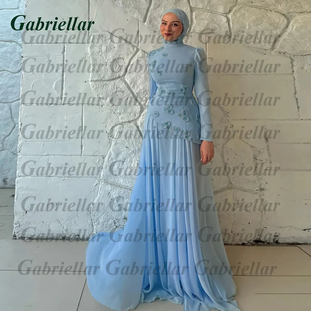 Gabriellar Trendy 3D Appliques Celebrity Dress Kuwait Full Sleeves High Neck Chiffon Formal Party Maxi Gown for Women Customized