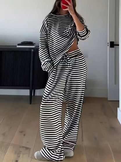 New Simple Striped Suit Simple  Loose Comfortable Lazy Style Long-sleeved Round Neck Pullover Top Lace-up Trousers Two-piece Set