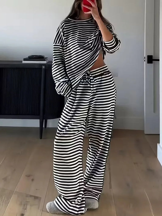 New Simple Striped Suit Simple  Loose Comfortable Lazy Style Long-sleeved Round Neck Pullover Top Lace-up Trousers Two-piece Set