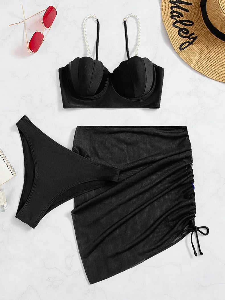 2025 New Sexy Three-piece Bikini Women Solid Drawstring Skirt Swimsuit Sling Backless Swimwear Tight Gathered Beach Bathing Suit