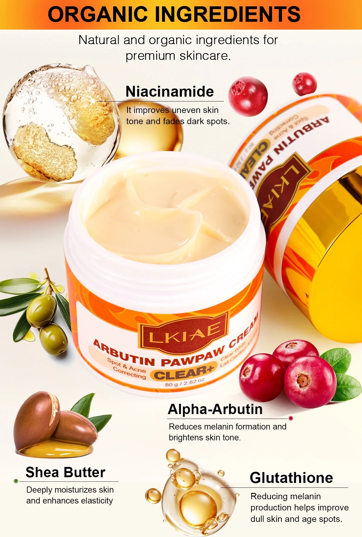 LKIAE Arbutin Pawpaw Face Cream For Women, Black Spots & Acne Correcting, Lightening Skin, Easily Absorbed, Lightweight, 80ml
