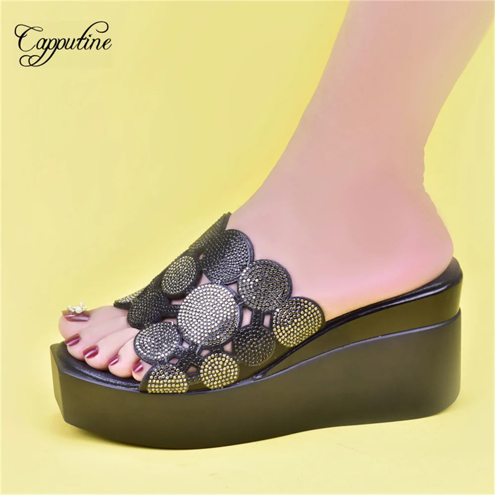 Gold Women Wedge High Heels Shoes Fashion Nigerian Ladies Summer Stones Slippers African Pumps Pantoufle Femme Pantuflas 2022-3