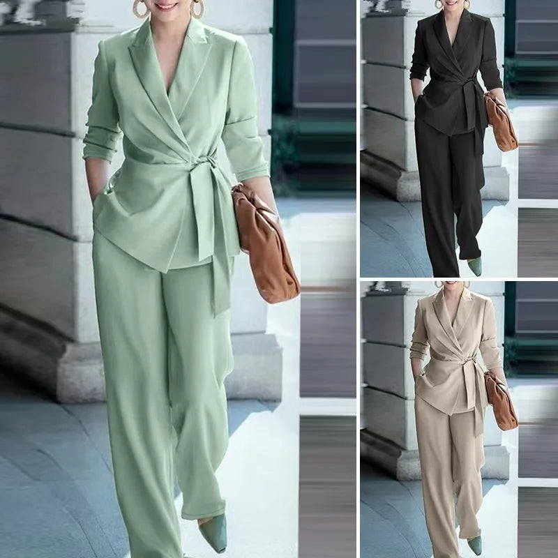 Casual Fashionable Trousers Suit Spring Autumn Solid Color Commuter Style Lapel Long-sleeved Top Wide-leg Trousers Two-piece Set