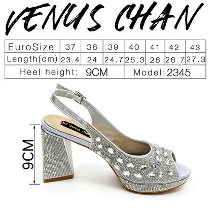 Venus Chan Elegant Gold Striped Peep Toe High Heels and Matching Bag Set – Rhinestone Decor for Parties and Weddings