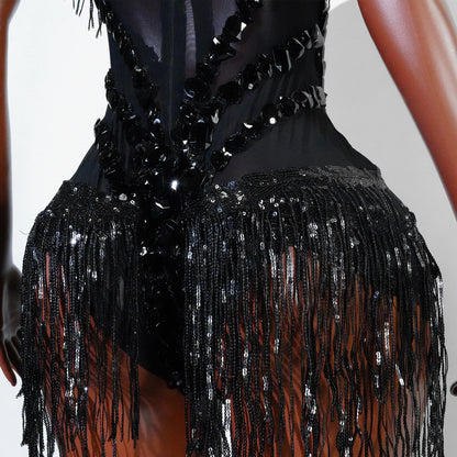 Sexy Mesh Sheer Black Rhinestone Tassel Bodysuit Women Singer Dancer Stage Show Outfit Nightclub Leotard Party Performance Wear