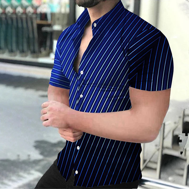 Summer Fashion Men's Casual Oversized Shirts Turn-down Collar Buttoned Shirt Stripe Print Short Sleeve Tops Party Mens Clothing