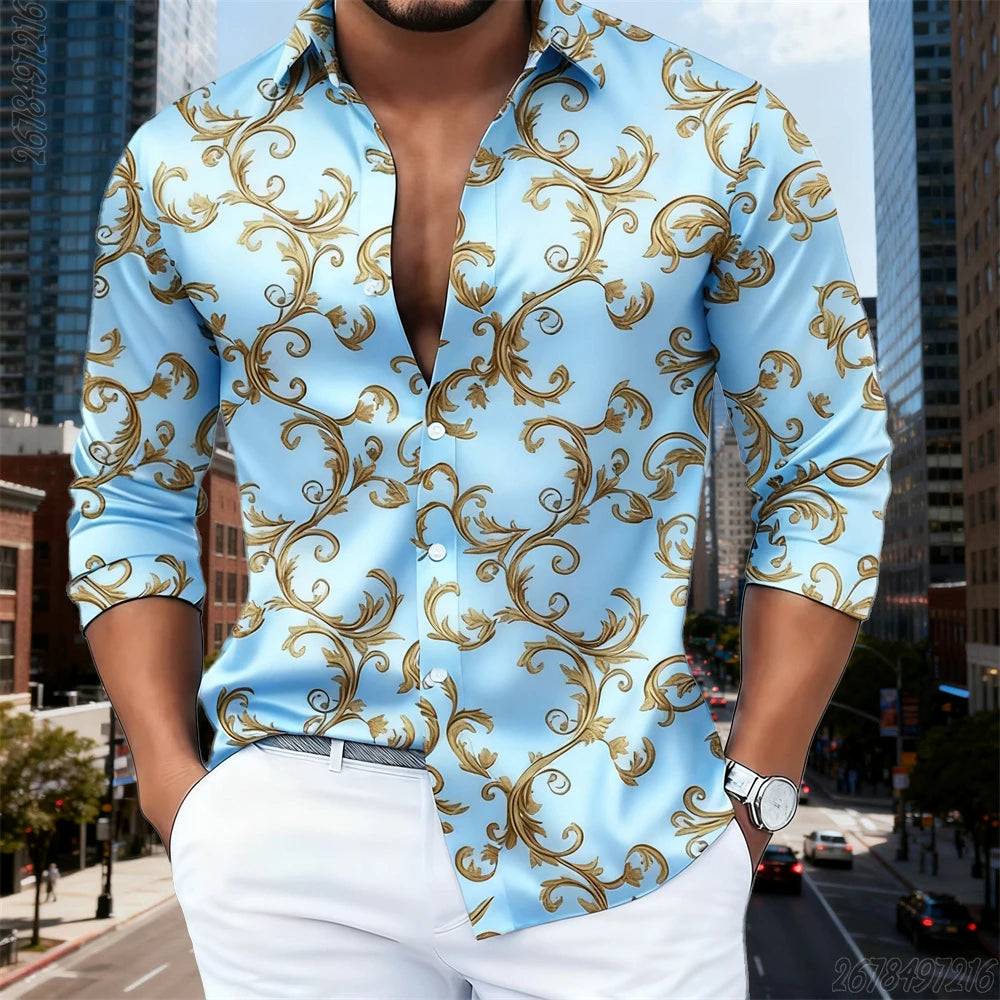 16 Colors Men's Luxury Baroque Gold Pattern Long-Sleeved Shirt Fashionable Retro Print Comfortable Non-Iron Large Size Top