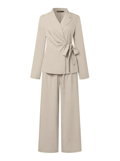 Casual Fashionable Trousers Suit Spring Autumn Solid Color Commuter Style Lapel Long-sleeved Top Wide-leg Trousers Two-piece Set