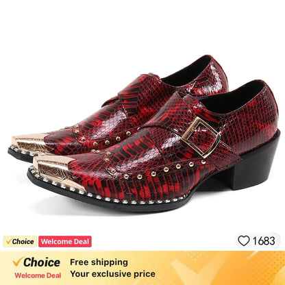 steel toe high heels Snake pattern red black wedding oxford for men rivets formal shoes men genuine leather party shoes men