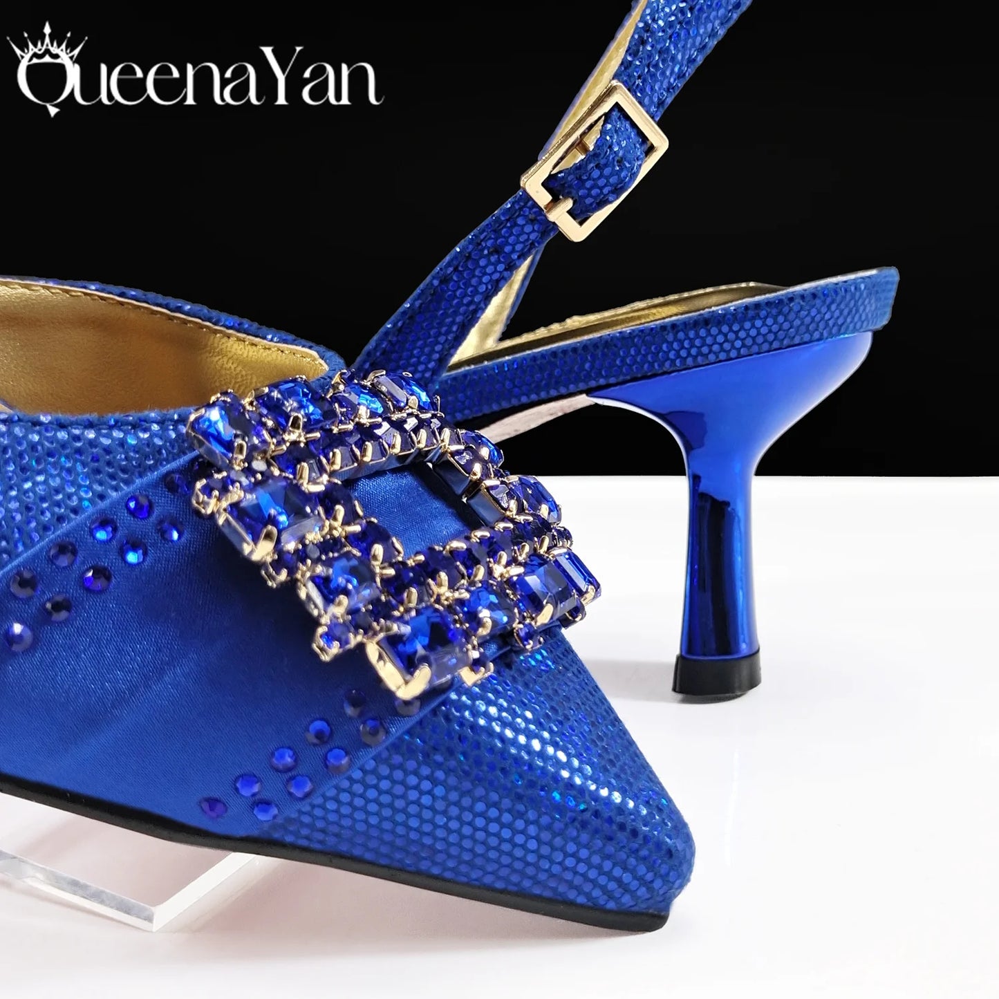 Queena Yan Nigeria Elegant Noble Party Wedding Shoes And Bag Pointed Toe Decorated With Rhinestone Women Heel Shoes