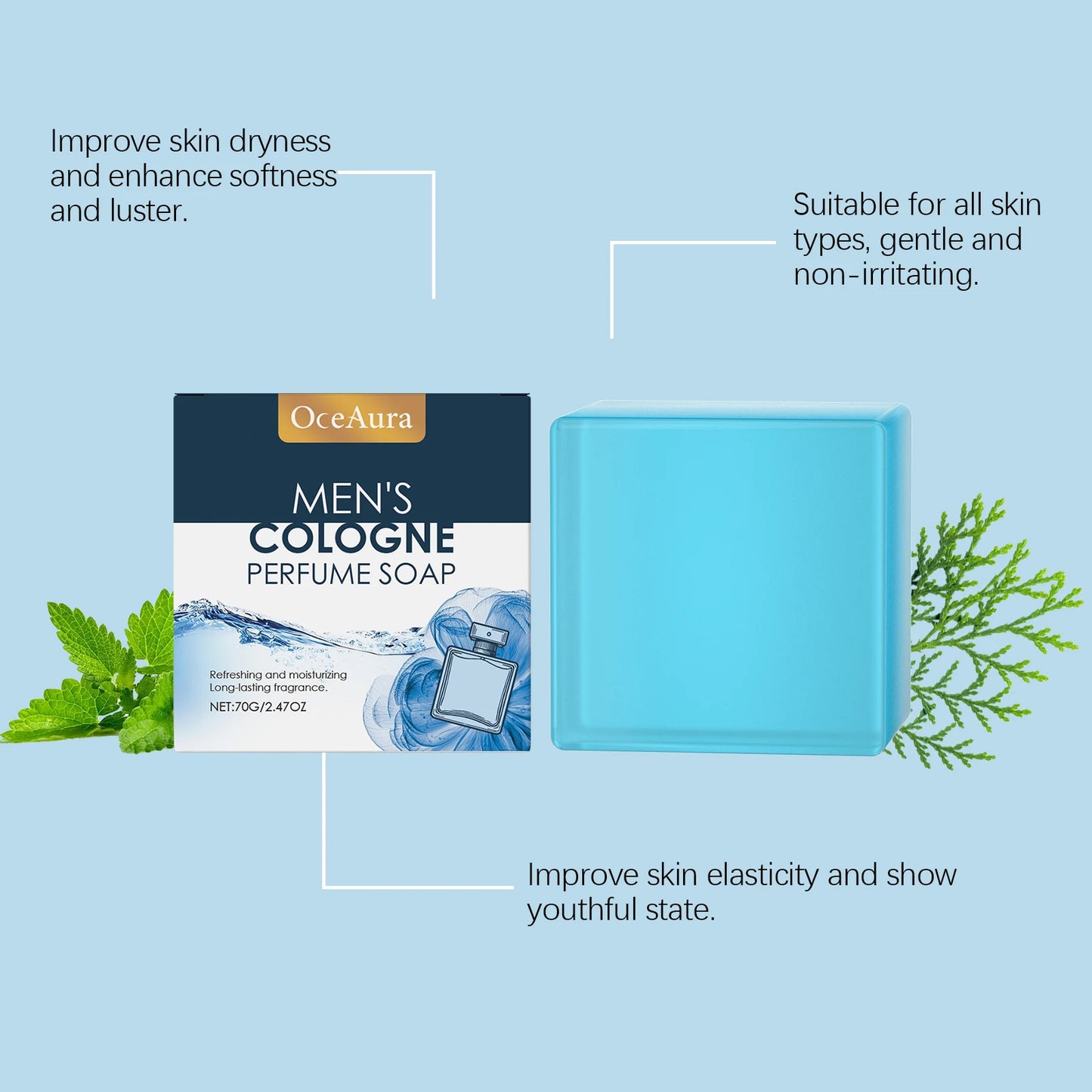 OceAura Men's Perfume Bath Soap Gentle Cleansing Body Skin Refreshing Non-oily Comfort Care Soap Cool Texture 70g