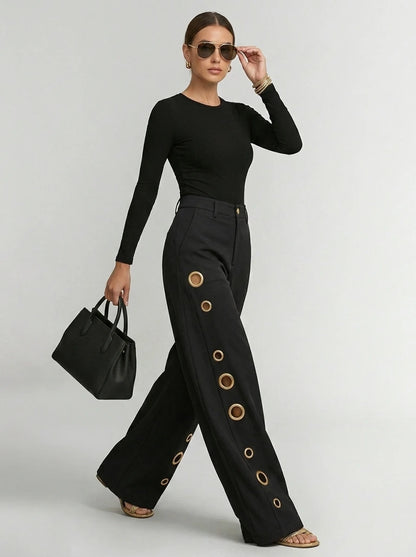 Bonboho Women's Solid Color Eyelet High Waist Wide Leg Pants 2026 Casual Streetwear Straight Leg Trousers Daily Wear Bottoms